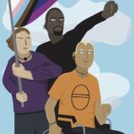 Three queer people holding a flag